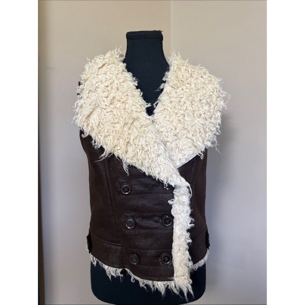 Dark Brown Faux-Leather Vest with Cream Faux Sherpa Collar